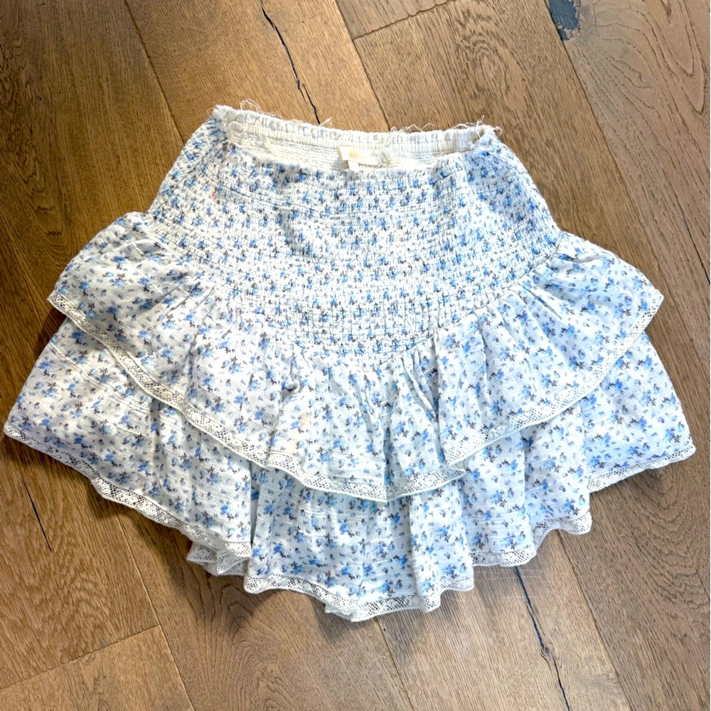 LoveShackFancy Blue Floral Ruffle Skirt
